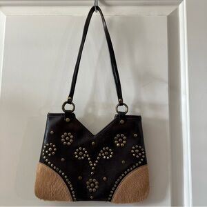 Express Vintage Brown Studded Leather and Fur Y2K Shoulder Bag